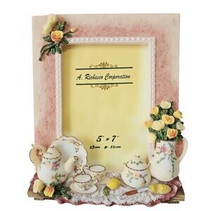 Vintage Resin 3D Floral Picture Frame Teapot Tea Set Roses Cottage Shabby Chic